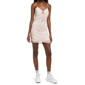Pastel Floral Tie Front Mini Dress Ruched Slip Dress V-Neck Size Medium